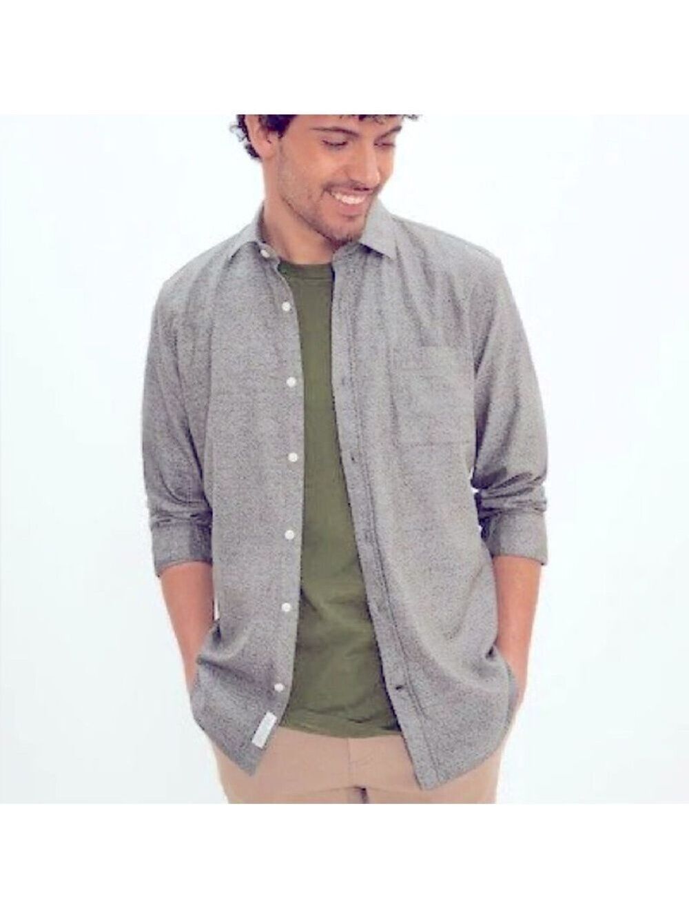 Frank & Oak "Riley" Button Up Long Sleeve Light Marled Heather Grey Shirt, sz M